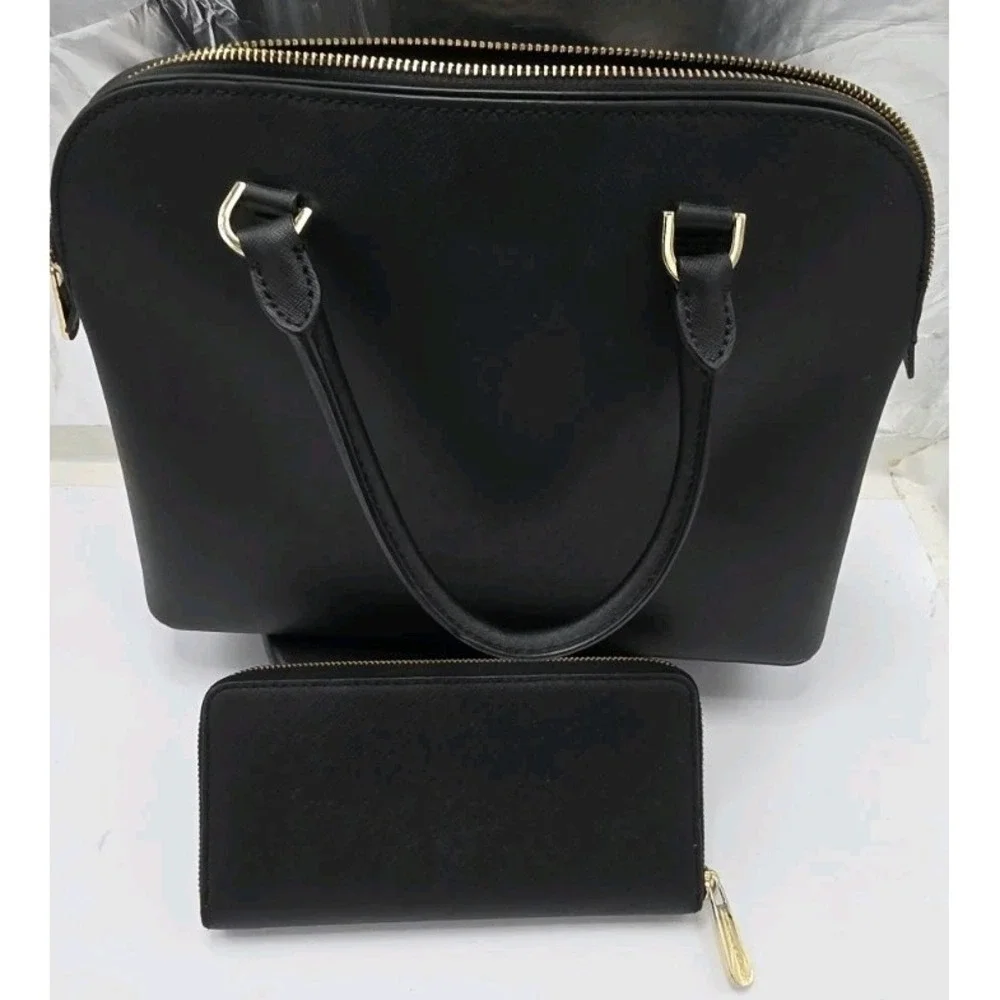 Michael Kors Black Saffiano Leather Dome Satchel Handbag and Wallet Set Gold HW